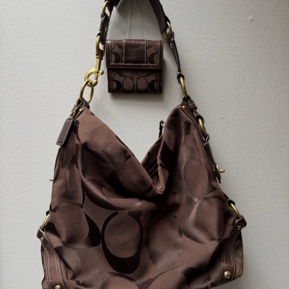Coach Carly Brown Signature Hobo Bag 10620 + Small Wallet